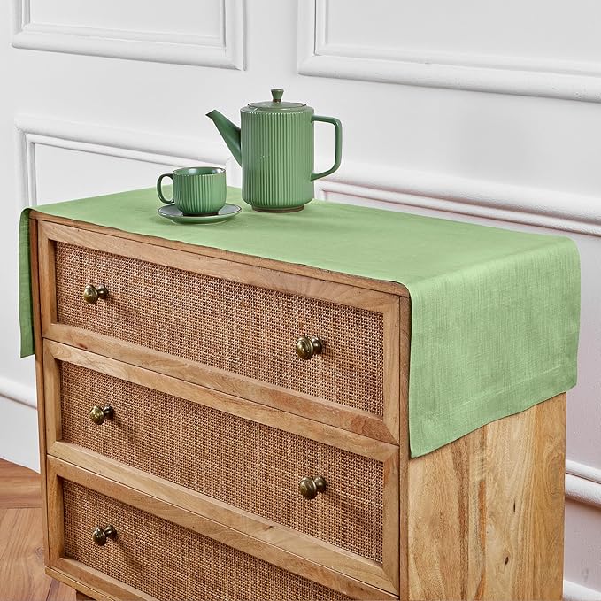 Solino Home Linen Table Runner 60 Inches - 100% Pure Linen Laurel Green Table Runner 14 x 60 Inch Ideal for Dresser and Coffee Tables - Fall, Autumn, Thanksgiving - Fete