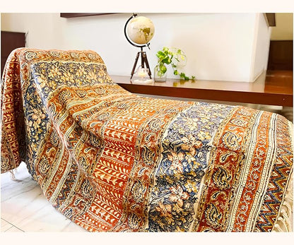 Handmade Cotton Floral Throw Blanket | Indian Block Print with Tassels | Boho Fringed Sofa & Bed Cover | 48x70 Inches Lightweight Decorative Throw for Couch, Living Room & Bedroom