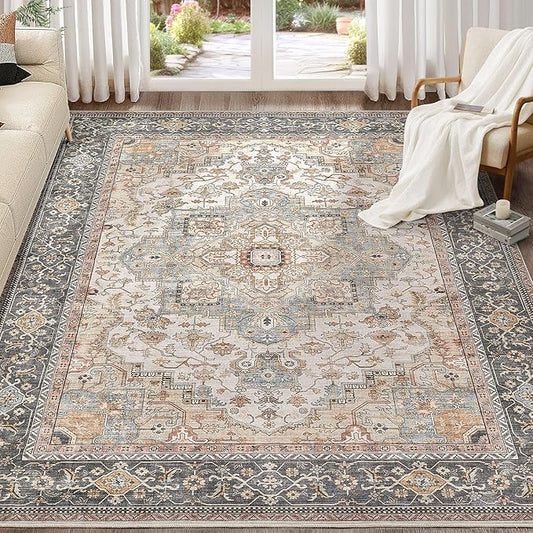 Washable Area Rugs for Living Room - 7x9 Neutral Vintage Distressed Floral Farmhouse Boho Large Soft Floor Rug Indoor Non Slip Carpet for Living Room Bedroom Dining Room Office - Forest Green Orange
