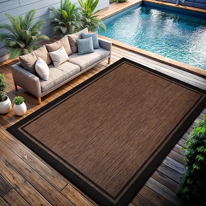 CAMILSON Indoor Outdoor Rug, 5x7 Bordered Nut Brown Black Modern Area Rugs for Indoor and Outdoor Patios, Kitchen and Hallway Mats, Washable Porch Deck Outside Carpet (Bordered Nut Brown Black, 5 x 7)