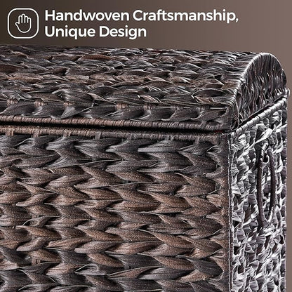 Handwoven Storage Basket with Lid, 178L Plastic Rattan Storage Bin, Leather Buckle & Metal Frame, Large Metal Ring Handles, Storage Trunk for Bedroom, Laundry Room
