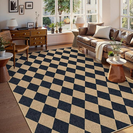 Lahome Checkered Easy Jute Area Rug 8x10, Large Living Room Patio Rug Checkerboard Indoor Outdoor Carpet, Farmhouse Geometric Non Slip Black Carpet for Backyard Dining Room
