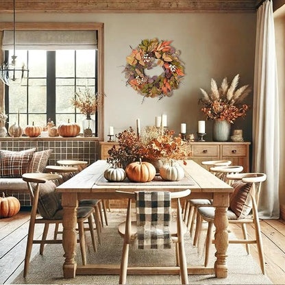 24" Fall Wreath for Front Door Handmade with Artificial Autumn Leaves, Natural Pinecones, Faux Berries and Wheat, Autumn Harvest Wreath Decoration for Home Farmhouse Door Wall Window Porch