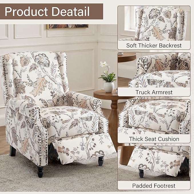 UIXE Pushback Recliner Chair, Fabric Upholstered Armchair Push Back Accent Chair for Living Room, Rivet Trim Home Theater Single Sofa Bedroom Reading Seat with Footrest - Beige Plants
