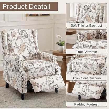 UIXE Pushback Recliner Chair, Fabric Upholstered Armchair Push Back Accent Chair for Living Room, Rivet Trim Home Theater Single Sofa Bedroom Reading Seat with Footrest - Beige Plants