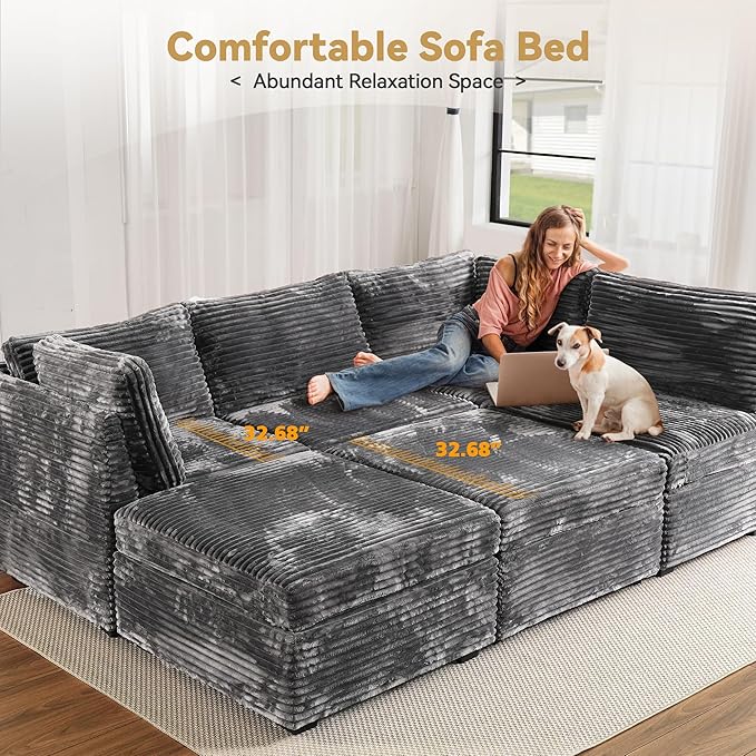 Modular Sectional Sofa with Chaise U Shaped Sectional Couch for Living Room, 8-Seater Comfy Cloud Couches with One Movable Ottoman, Plush Corduroy, Gray