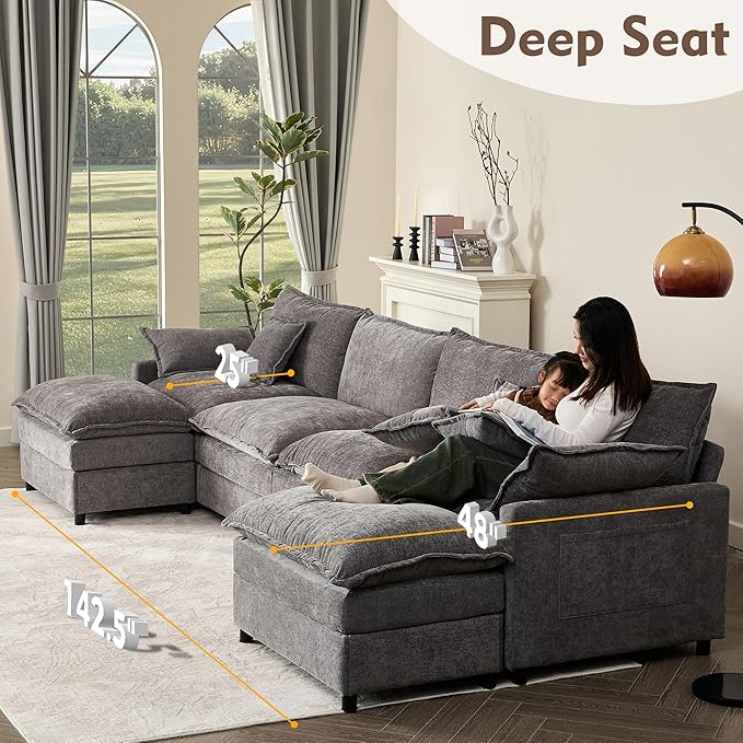 142.5" U Shaped Couch, Modular Sectional Sofa, 3-Seater Comfy Cloud Couch with Movable Ottoman, Deep Seat Couches for Living Room, Chenille, Slate