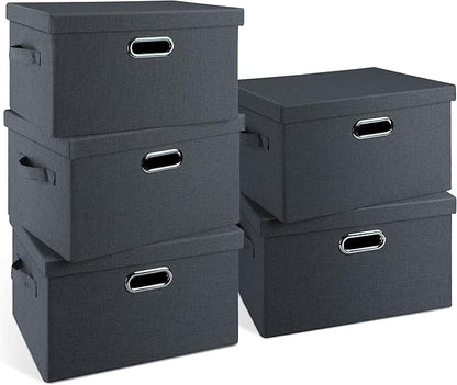 Medium 15" 21 Quart Collapsible Stackable Storage Bins with Lids, 5 Packs Dark Gray Foldable Fabric Closet Storage Boxes with Lids, Lidded Heavy-duty Linen Baskets(15x11x8)