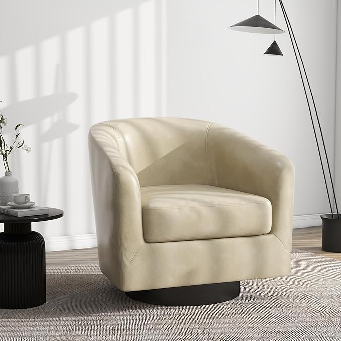 Swivel Barrel Accent Chair, Modern Round Faux Leather Arm Chair for Living Room, Bedroom, Comfy Club Reading Chairs for Adults, Faux Leather, Cream, Set of 1