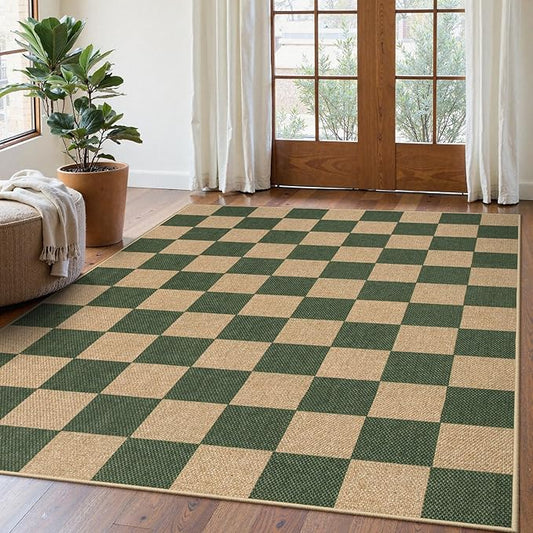 Lahome Checkered Easy Jute Dining Room Rug, 5x7 Indoor Outdoor Rugs for Patio Living Room, Neutral Checkerboard Non Slip Low Pile Green Carpet for Bedroom Office Backyard