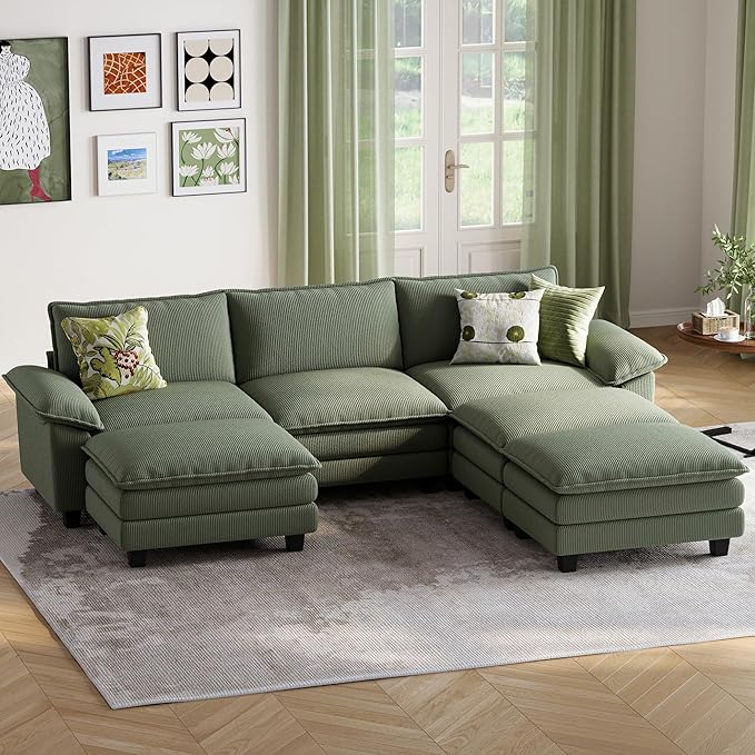 LINSY HOME Sectional Sleeper Sofa - 123'' Modular Cloud Couch Oversized Corduroy Sofa Bed with Movable Ottoman Soft Modern Comfy Couch for Living Room Apartment Office, Green