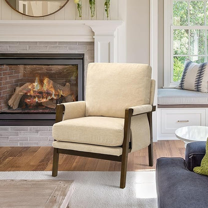 Modern Accent Chair for Living Room Mid Century Arm Chair Upholstered Bedroom Chair Comfy Lounge Chair with Solid Wood Frame, Beige