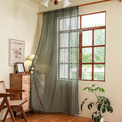 Sutuo Home Olive Green Boho Curtains 84 inches Long for Bedroom Living Room, Crochet Lace Sheer Bohemian Hollow Geometry Knitted Handmade Tassels, Privacy Vintage Farmhouse, 1 Panel 59" W x 84" L