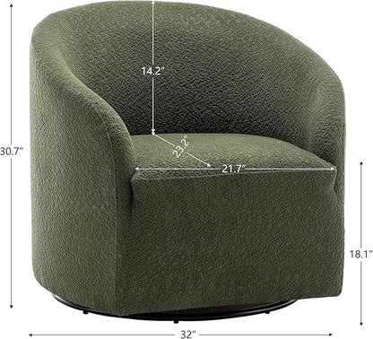 KINWELL 32" Wide Modern Boucle Swivel Barrel Chair, No Assembly Round Upholstered Swivel Accent Armchair for Living Room, Bedroom, Office (Green)