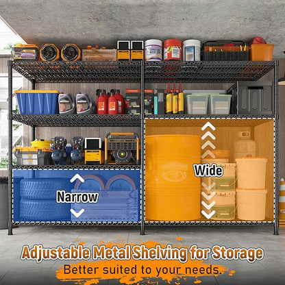 REIBII 81.5''W Storage Shelves 3680LBS Garage Shelving Heavy Duty 4 Tier Metal Shelving Unit Adjustable Wire Shelf and Storage Pantry Shelves for Kitchen Garage，81.5Wx23.62Dx70.86H，Black