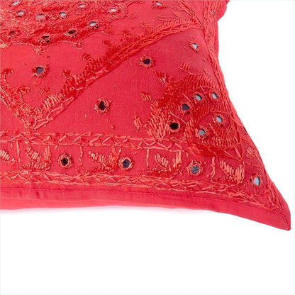 Eyes of India Embroidered Decorative Boho Throw Pillow Cover with Mirrors, Handmade Bohemian Accent Cushion Case for Sofa Couch Bedroom Living Room (Red, 16" x 16")