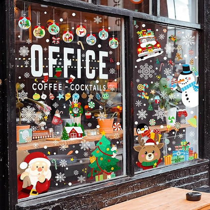 Christmas Window Clings - Christmas Large Window Stickers for Glass Window, Reusable Static Vinyl Double-Sided Winter Decals, Cute Snowflake Snowman Holiday Xmas Decorations, 197 PCS/9 Sheet