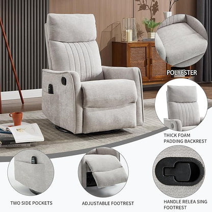 Manual Swivel Rocker Recliner Chair for Adults, Overstuffed Reclining Glider Chair for Nursing with Vibration Massage & Heat, Living Room Rocking Recliner 2-Stage backrest, Chenille Fabric Light Gray