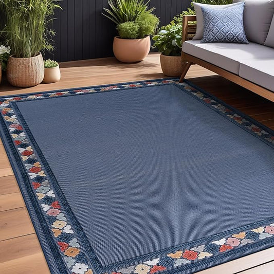 Beverly Rug Outdoor Rug 8x10 Modern Bordered Area Rugs for Indoor and Outdoor Patio Easy to Clean Non Shedding Living Room Porch Garden Washable Outside Carpet (8 x 10 Blue)