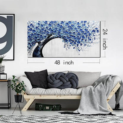 Large Wall Art for Living Room Bedroom Home Office Blue Tree of Life Wall Art Floral Picture Framed Wall Decor Modern Canvas Prints 24x48 In