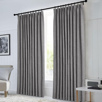 Macochico Extra Wide 100% Blackout Linen Curtains for Sliding Door Pleated Curtains with Hooks Insulated Soft Linen Drapes for Bedroom Living Room with Tieback Gray 100”Wx84”L 1 Panel