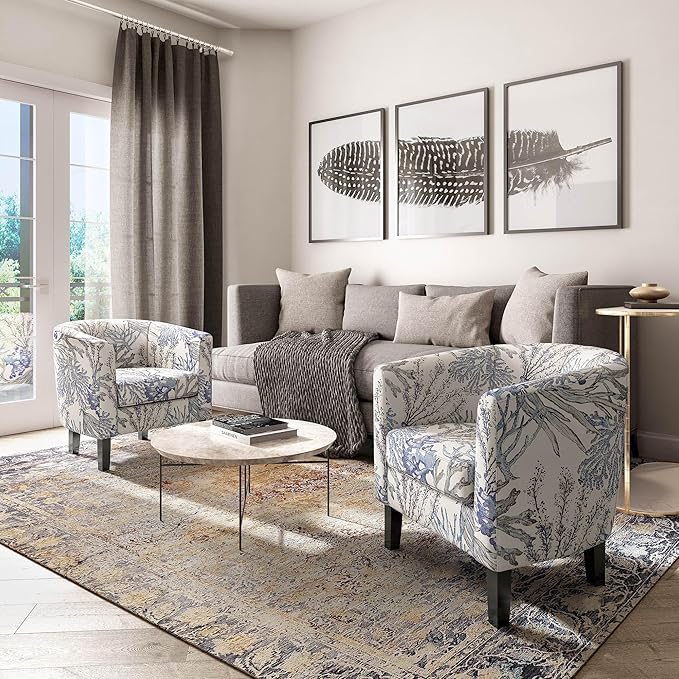 BELLEZE Living Room Chair, Linen Round Accent Barrel Chair, Club Tub Sofa Chair for Bedroom, Corner Chair with Flared Legs and Cozy Soft Padding - Highland (Blue Coral)