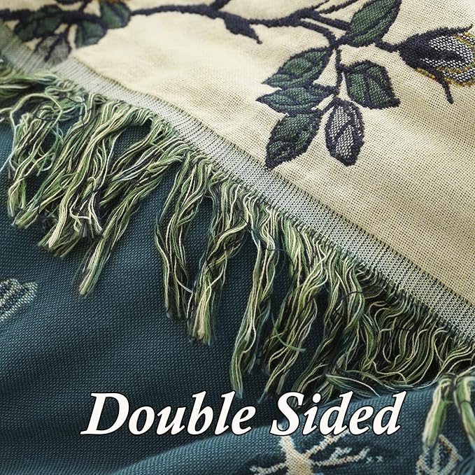 Snycler Boho Throw Blanket for Bed - 100% Cotton Ultra Soft Rustic Quilt - Blue Green Floral Printed Farmhouse Decor Bed Blankets, 80"×90" All Season Rustic Throw for Sofa Couch Chair