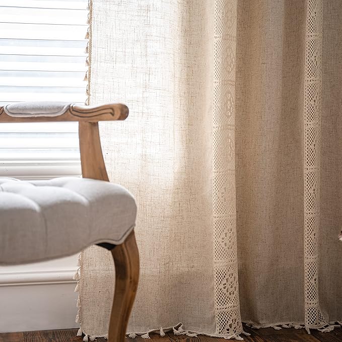 Sutuo Home Boho Curtain Semi-Blackout Crochet Hollow Lace Patchwork with Textured Linen Fabric, Handmade Tassels Rod Pocket Bohemian Window Drapes for Living Bedroom, 59" W x 96" L, 1 Panel