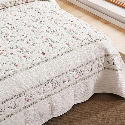 MarCielo 3-Piece 100% Cotton Oversized Bedspread Lightweight Quilt Coverlet Embroidery Farmhouse Bedding Set (TC Soft White,Oversized Queen (100"x106"))