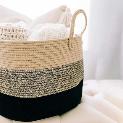 OrganiHaus Woven Laundry Basket, Large Cotton Rope Blanket Holder with Handles, Soft & Sturdy Nursery Hamper, Decorative Toy Bin for Living Room Organization 20x13 inches - Brown/Black