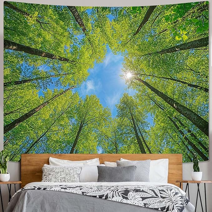 AMM Nature Forest Tree Celling Tapestry Lush Green Treetops Sunlit Tapestry for Bedroom Aesthetic Sky Sunlight Canopy Leaves Landscape Tapestries Wall Hanging for Living Room Dorm Office 80 x 60 Inch