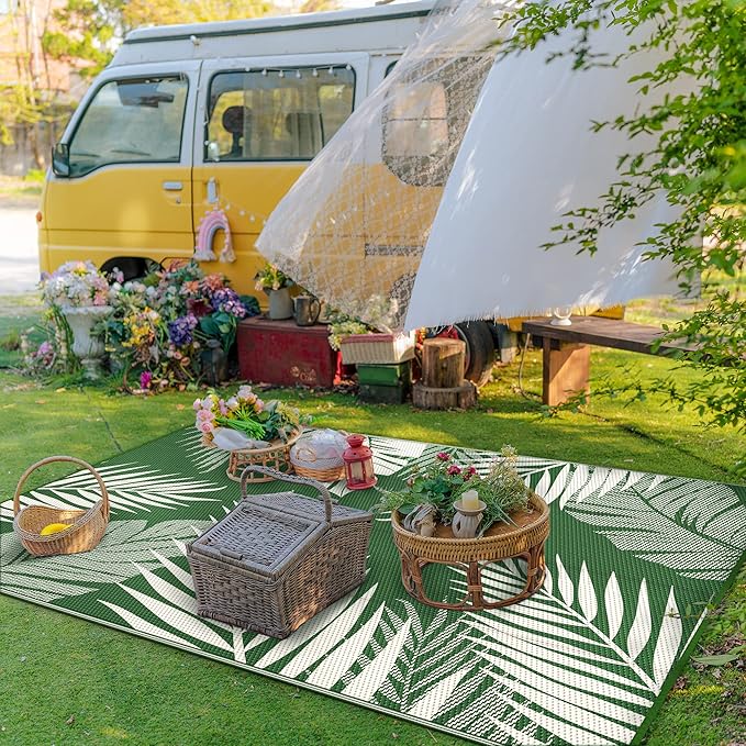 GENIMO Outdoor Rug 6' x 9' Waterproof for Patios Clearance, Reversible Outdoor Plastic Straw Camping Rug Carpet, Large Area Rugs Mats for RV, Picnic, Backyard, Deck, Balcony, Porch, Dark Green&White