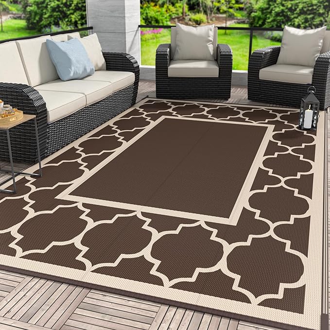 GENIMO 6' x 9' Outdoor Rug Waterproof for Patio Decor, Foldable Reversible Plastic Straw Area Rugs Mat for Camper, Outside Carpet for Rv, Deck, Porch, Picnic, Beach, Balcony, Coffee & Beige