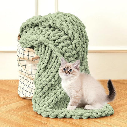 Admitrack Chunky Knit Blanket Throw, 100% Hand Knit Chenille Throw Blanket for Sofa & Home Decor, Soft and Cozy Knitted Throw Blankets (Sage Green，51"x63")