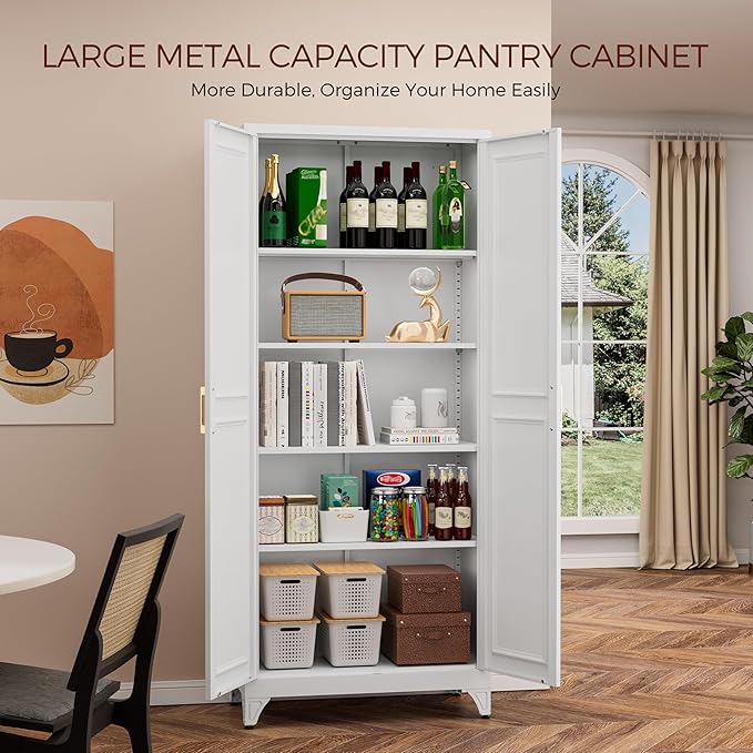 75" Kitchen Pantry Cabinet, White Metal Storage Cabinets with 2 Doors and 4 Adjustable Shelves, Tall Pantry Storage Cabinet for Kitchen, Dining Room, Living Room
