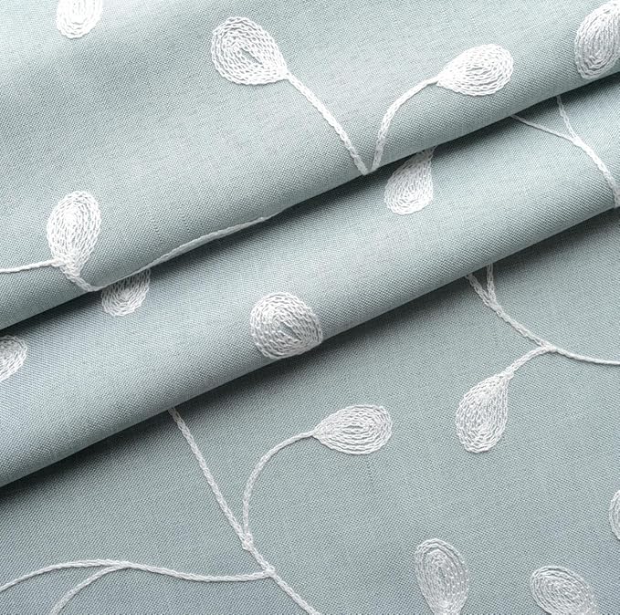 MIUCO Floral Embroidery Semi Sheer Curtains Faux Linen Grommet Curtains for Living Room 52 x 84 Inch 2 Panels Set, Sea Foam