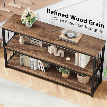 LVB Industrial Console Entryway Table, Metal Wood Rustic Sofa Table with Storage, Farmhouse 3 Tier Shelf Long Hallway Foyer Entry Tables Behind Couch for Home Living Room Entryway, Rustic Brown, 55 In