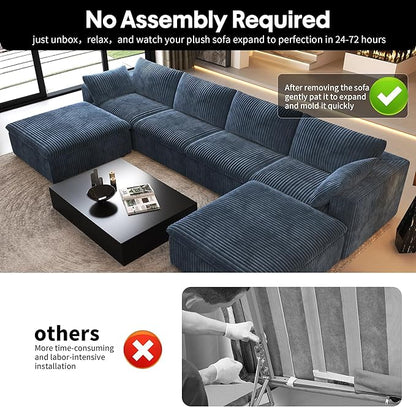 157.5" U Shaped Modern Sofa Modular Sectional Cloud Couch with 2 Ottoman,Deep Seat Upholstered Couches with Corduroy Fabric for Living Room Furniture,Bedroom and Apartment,No Assembly Required,Blue