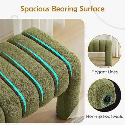 63" Bedroom Bench, Upholstered Entryway Bench, Modern End of Bed Ottoman with Solid Wood Legs and Adjustable Foot Pegs for Entryway, Dining Room and Living Room, 440lbs (Green Boucle)
