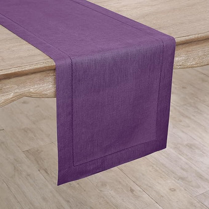 Solino Home Linen Table Runner 120 Inches Long - Classic Hemstitch 100% Pure Linen Purple Dining Table Runner 14 x 120 Inch for Fall, Autumn, Halloween, Thanksgiving