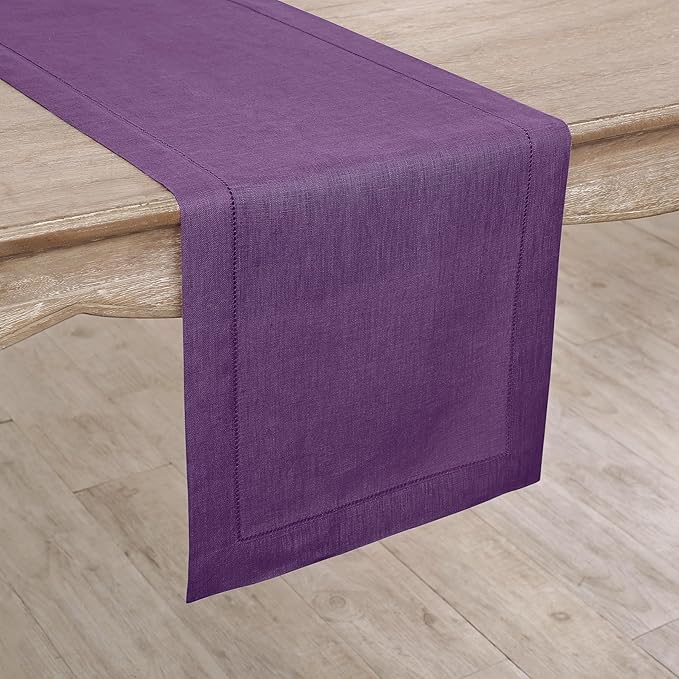 Solino Home Linen Purple Table Runner 156 Inches Long - 100% Pure Linen Extra Long Table Runner 14 x 156 Inch for Fall, Autumn, Halloween, Thanksgiving - Classic Hemstitch