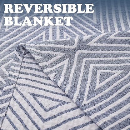 JINCHAN Boho 100% Cotton Blanket Muslin Twin Size 60x80 Inches Lightweight 3-Layer Geometric Triangle Striped Pattern Reversible Quilt Throw Soft Breathable Comfy All Seasons for Couch Bed Decor, Blue