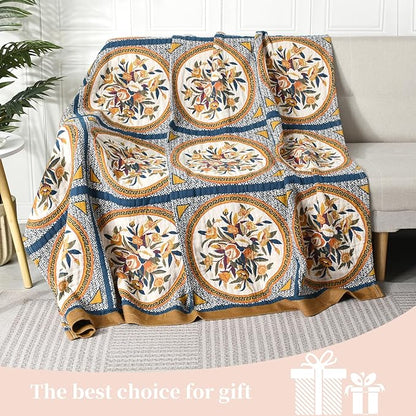 Boho Throw Blanket for Bed - 100% Pure Cotton Ultra Soft Rustic Quilt - Farmhouse Decor Bed Blankets, All Season Rustic Throw for Sofa Couch Chair(60"×80", Floral)