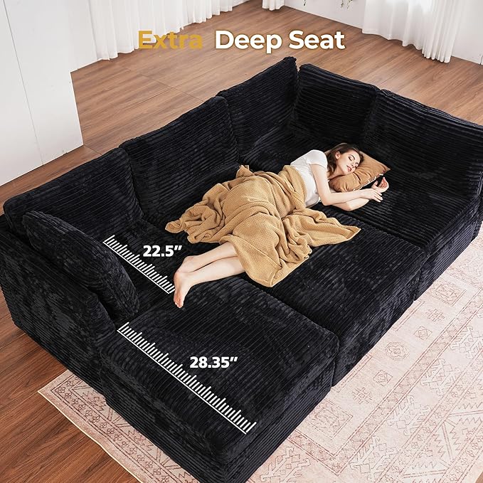HOOOWOOO Modular Sectional Sofa,7 Pieces Sectional Couches for Living Room,131X66 U Shaped Cloud Couch with Ottoman Chaise Set(Black Velvet Corduroy)