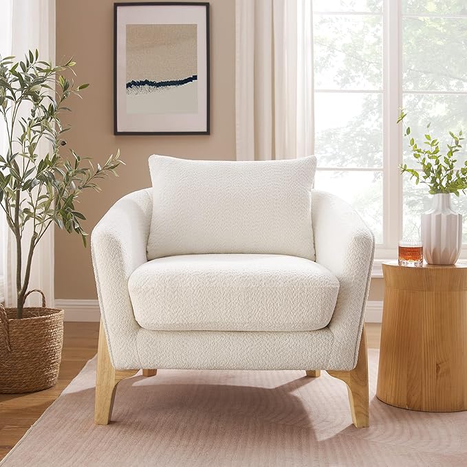 Accent Chair 31" Oversized Reading Chair Comfy Upholstered Boucle Lounge Armchair, Modern Living Room Chair with Back Pillow,Single Sofa Chair for Bedroom, Office (Beige)