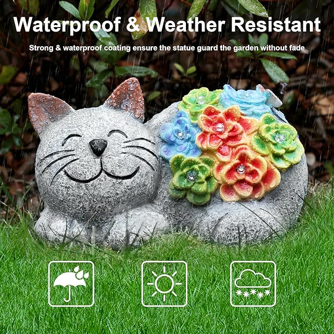 Otdair Solar Garden Decor Cat, Cat Lover Gifts with Succulent and 7 LED Lights for Outside,Outdoor Solar Lights for Yard, Garden and Patio, Unique Gift for Women