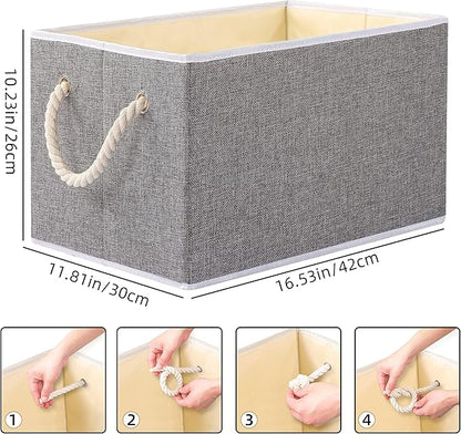 Yawinhe Collapsible Storage Bins 1-Pack, Large Fabric Baskets with Rope Handle, Organizers for Shelves, Closets, Clothes, 16.53''Lx11.81''Wx10.23''H, Grey