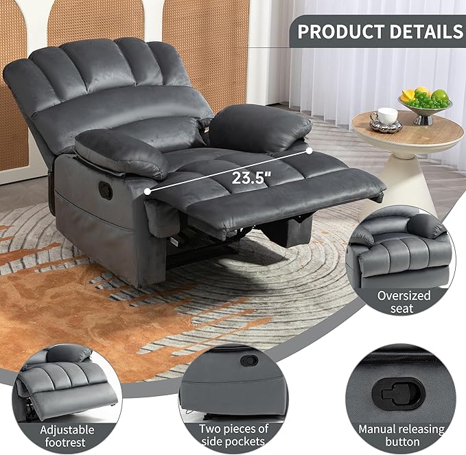 Luxlen Manual Recliner Chair, Reclining Chair with Overstuffed Armrest and Backrest, Living Room Single Sofa Recliners,Light Grey