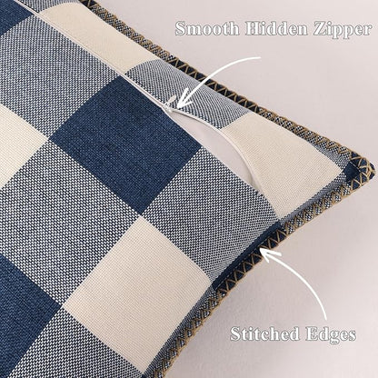 decorUhome Buffalo Plaid Check Throw Pillow Covers 20x20 Set of 2, Outdoor Decorative Farmhouse Neutral Pillow Covers with Stitched Edge for Bed Couch Sofa, Navy Blue and White