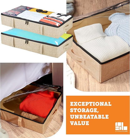 storageLAB Under Bed Storage Containers, Closet Organizers with Sturdy Handles for Clothes, Comforters, and Accessories, Use Under or at the End of the Bed - 2 Pack, Reinforced, Beige